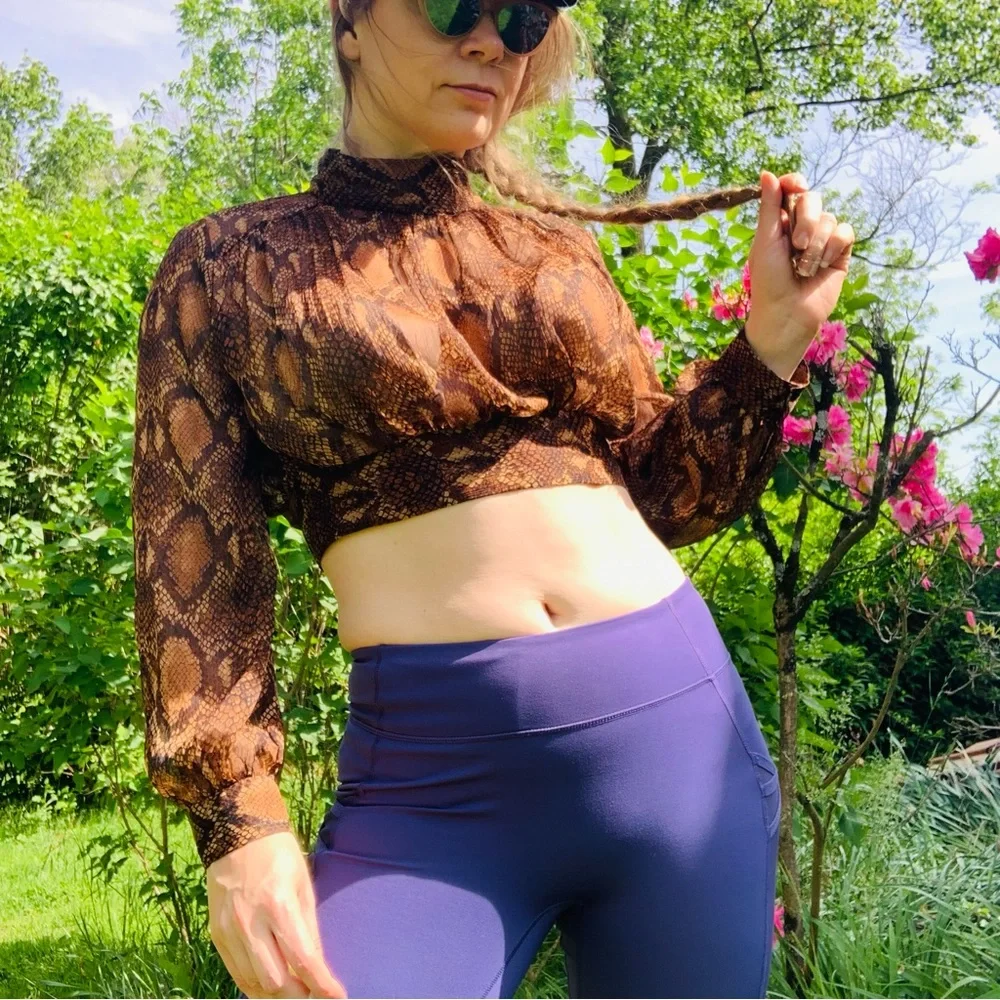 Zara Snake Gold Dramatic Balloon Sleeves Sheer Crop Top